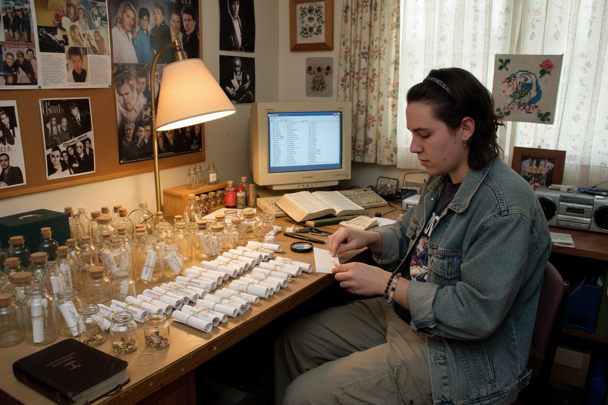 a worker in older times early 2000s working on building a bible verse in a jar message 