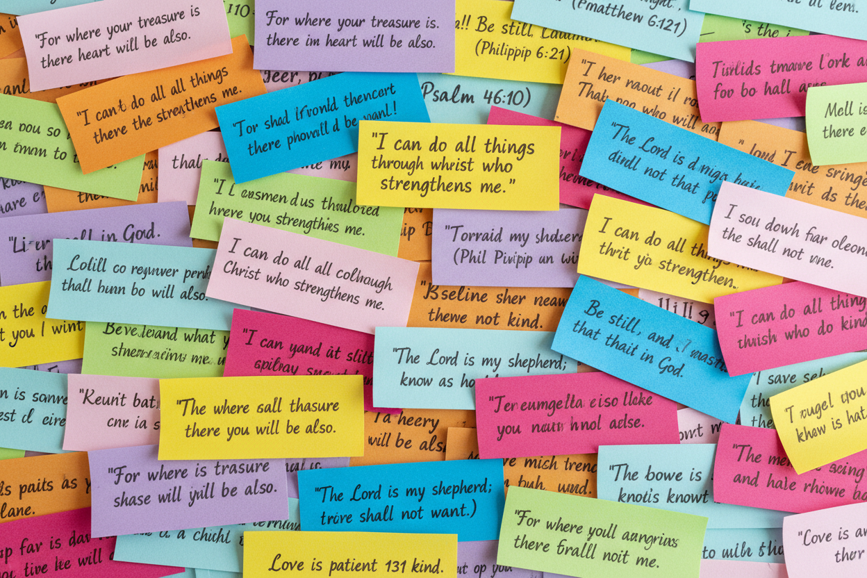 backround of a bunch of slips of papper with bible verse on them colorful 