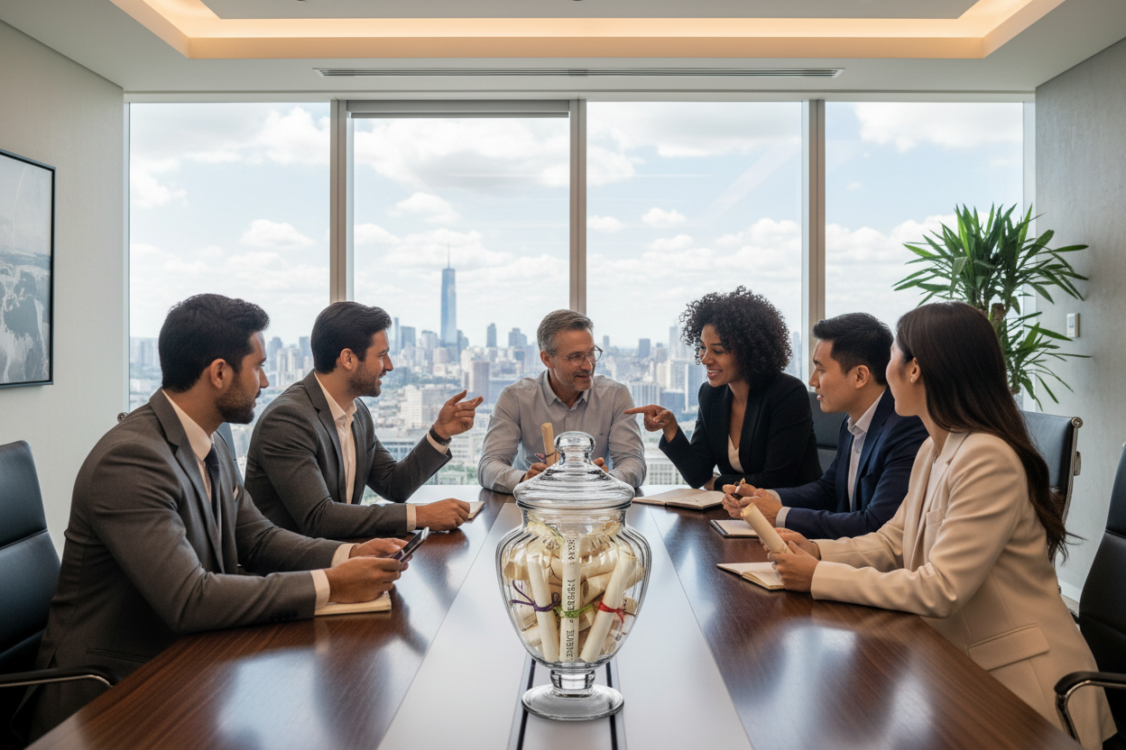 bible verse in a jar bussinese idea being talked about at a office with a bunch of people in suits around a table modern with multiple colors of people and women and men 